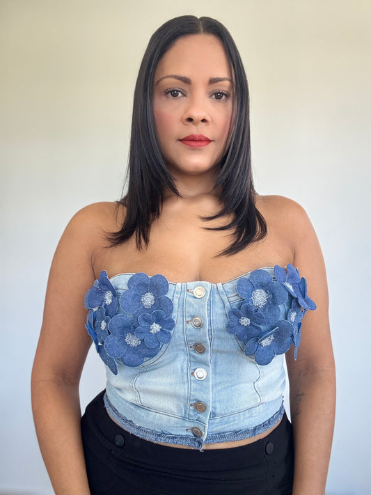Flowered Denim Top